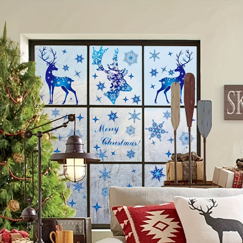 Christmas window decorations set including 5 pieces of window adsorption Christmas deer and snowflake stickers. Blue removable window decals perfect for Christmas party decoration.