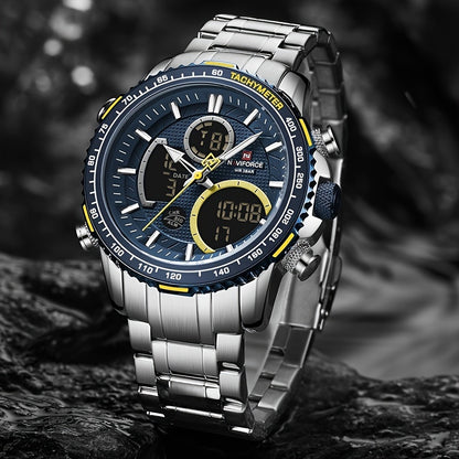 NAVIFORCE Men's Stainless Steel Wristwatch with Night Vision, Multiple Dials, Date Display - Durable and Stylish Timepiece for Outdoor Activities.