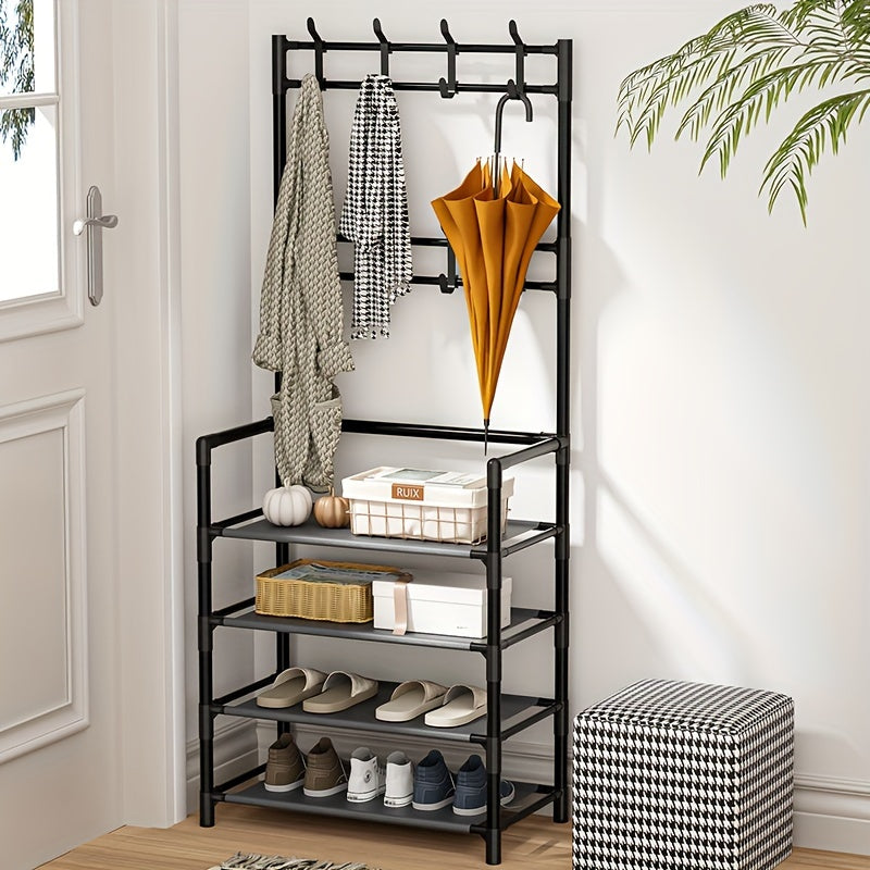 Multi-functional 4/5-Tier Entryway Organizer featuring a Shoe Rack and Hooks - Excellent for storing Keys, Coats, Hats, and Umbrellas - Great for use in Home, Office, or Dormitory Settings.