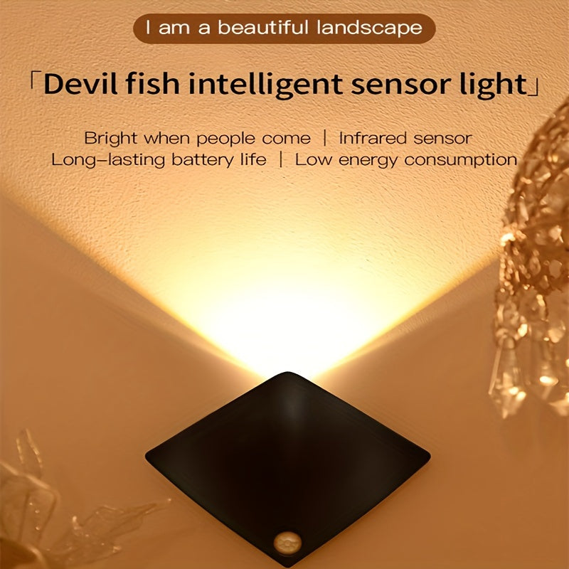 Devil's Fish night light with human body sensor for various uses such as bedroom, hallway, and living room. Battery-operated with quick sensor lighting suitable for bedside tables, toilets, kitchens, and display cabinets.