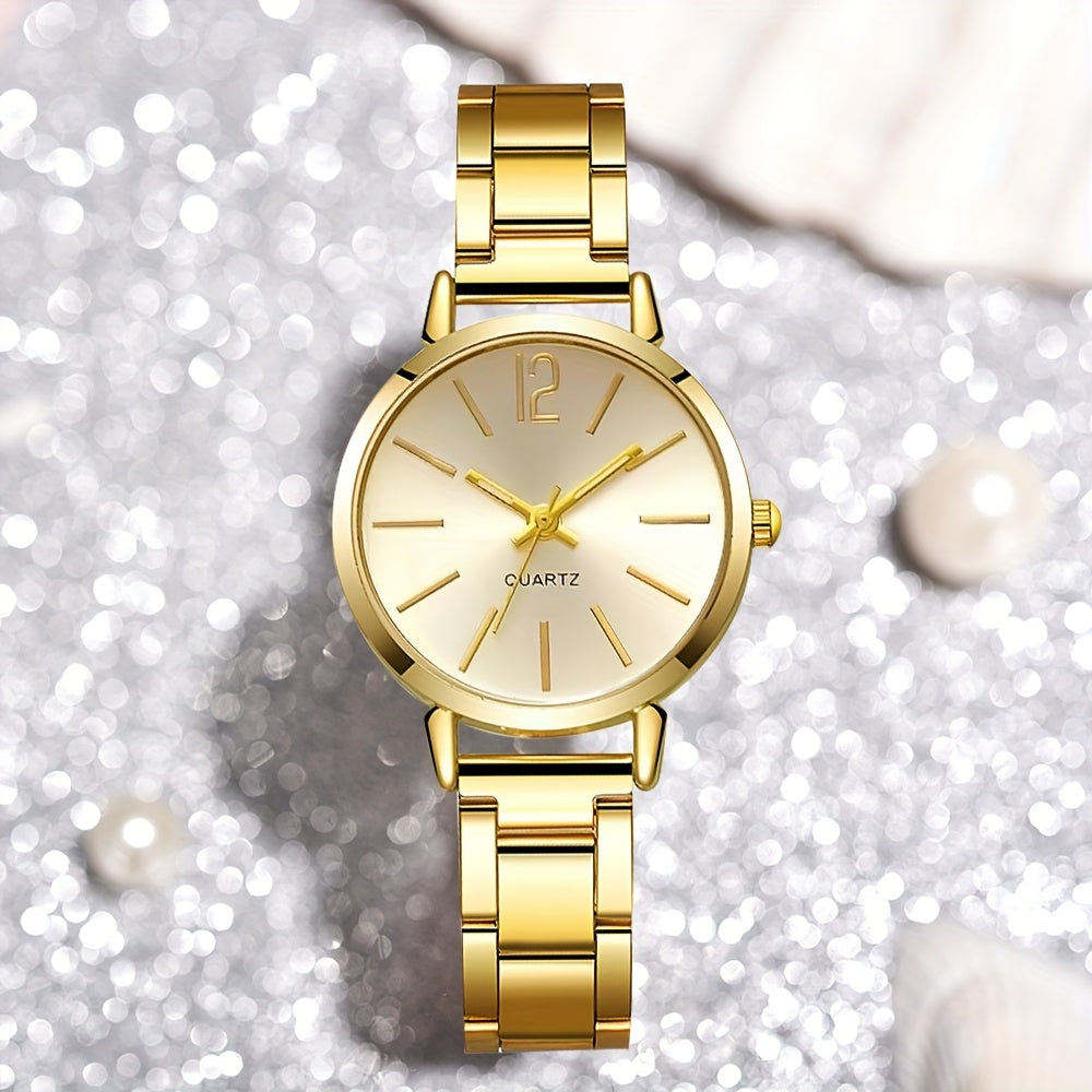 Stylish women's watch and sparkling set with zinc alloy strap and case, quartz movement, and elegant display. Perfect gift for girlfriend on occasions like Valentine's Day, Ramadan