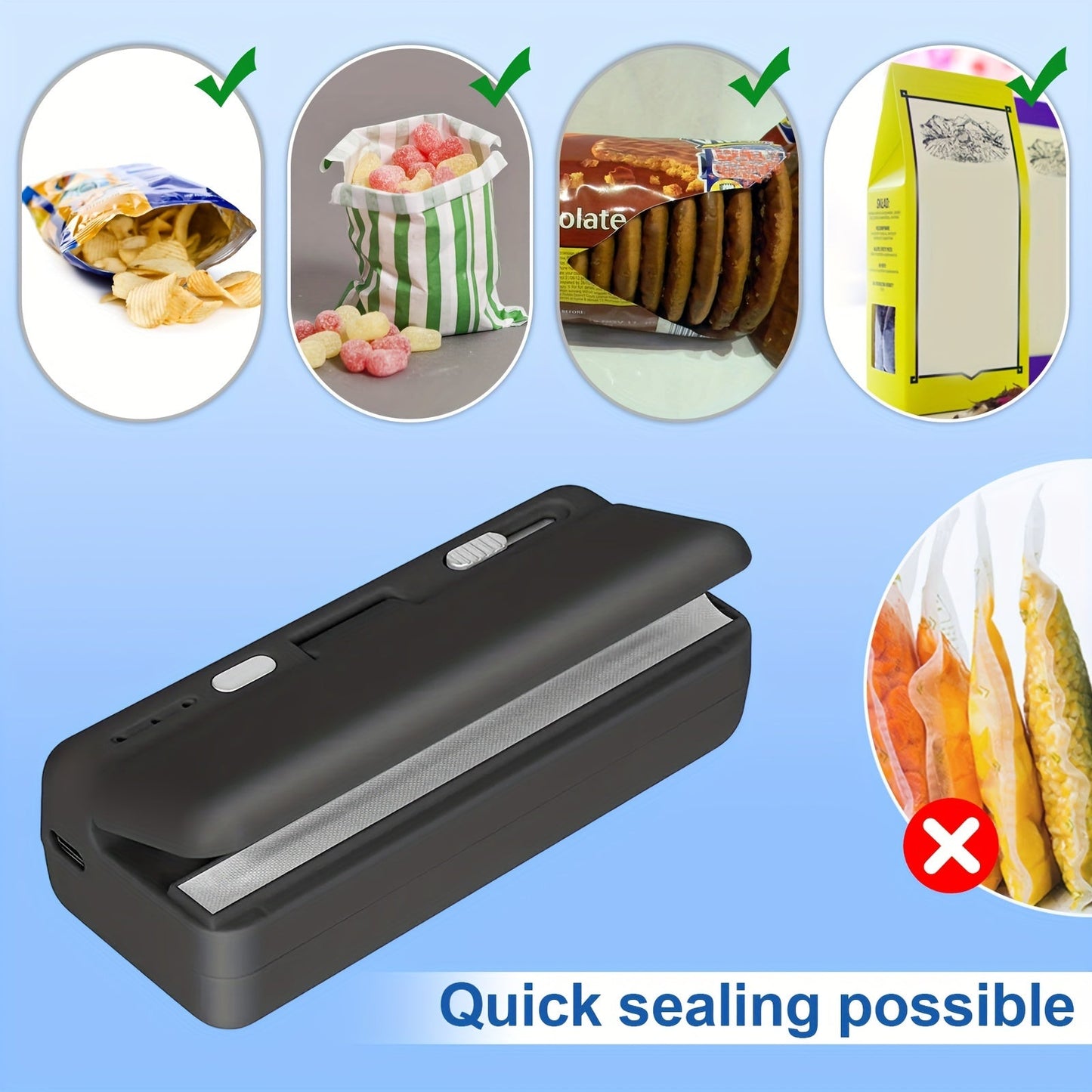 Compact Bag Sealer with Built-in Cutter - Adjustable Heat Settings, Magnetic Strip for Easy Storage, USB Rechargeable Aide for Kitchen Organization