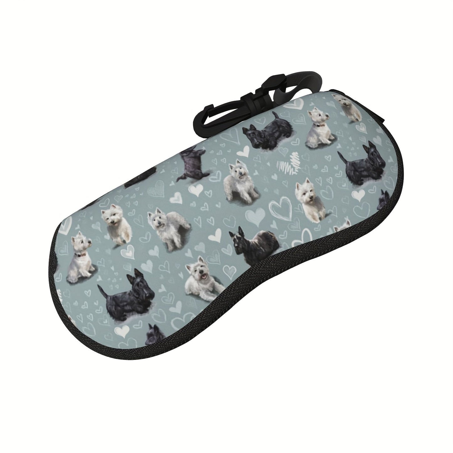 This fashionable neoprene glasses case features a Westies and Scottie Dogs print, along with a matching Scottish Terrier print keychain. It is waterproof, portable, ultra-light and soft, making it perfect for storing reading glasses or sunglasses