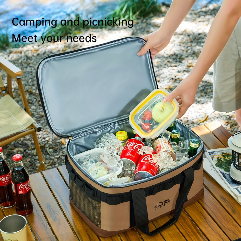 Large capacity polyester cooler bag with dual color options, carry handles, and carabiner hook for outdoor activities.