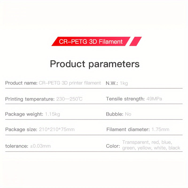 Creality PETG 3D Printer Filament 1.75mm 1KG, High Precision, Strong Toughness, Odorless, Better Fluidity, Moisture-proof, Ender Filament 1pc.