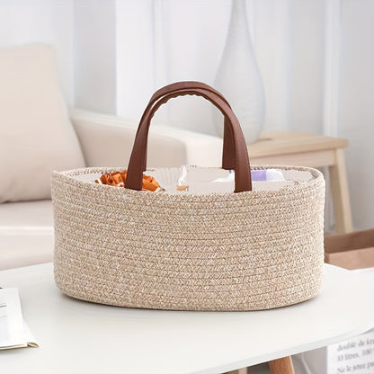 European-style woven storage basket with viewing window, ideal for organizing diapers, toys, and home essentials. Portable and versatile design for home organization needs.