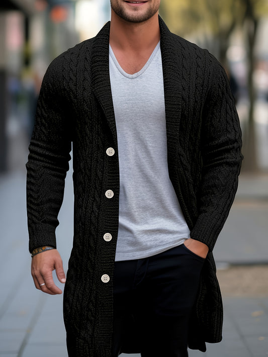 Plus size knitted open cardigan for men with button style and thin shawl collar, perfect for the autumn season. Slimming and casual, this jacket is a warm and stylish addition to any