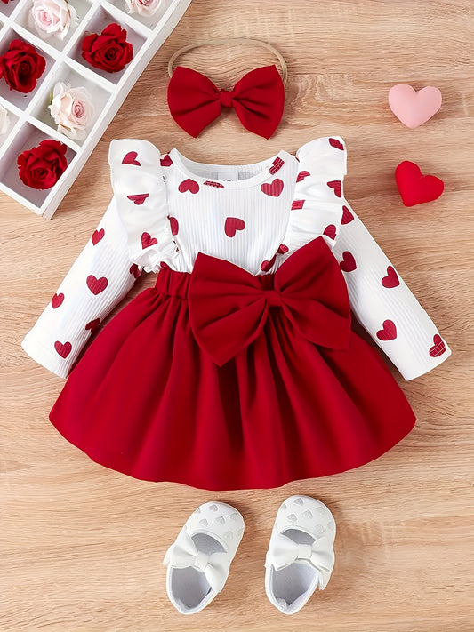 Valentine's Day dress with lace, big bow, love print, and headwear.