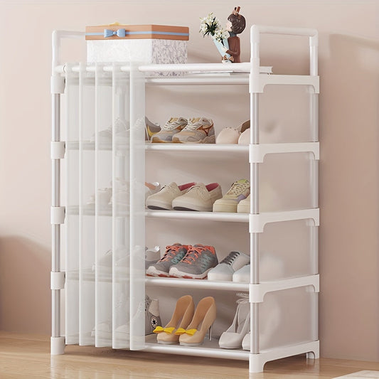 One-piece sturdy metal shoe rack with 5 layers of storage, complete with a door curtain for dustproof shoe storage. This simple and stylish shoe rack is perfect for organizing your living room, bedroom, dorm, or entrance. Keep your shoes neat and