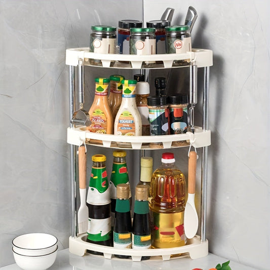 1 Kitchen Storage Rack Set, featuring a Countertop Corner Seasoning Rack and a Triangular Multi-layer Storage Rack for the Wall Corner. This set also includes a Knife Rack for efficient storage, a Seasoning Storage Rack, a Bathroom Drainage Storage Rack