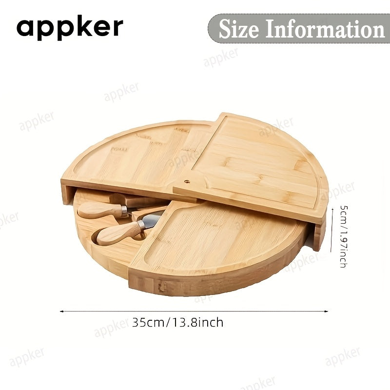 Appker Bamboo Cheese Board Set includes Cheese Knife and Wooden Charcuterie Board with Rotating Serving Platter for Appetizers, Food Safe Kitchen Accessory with Cheese Tools