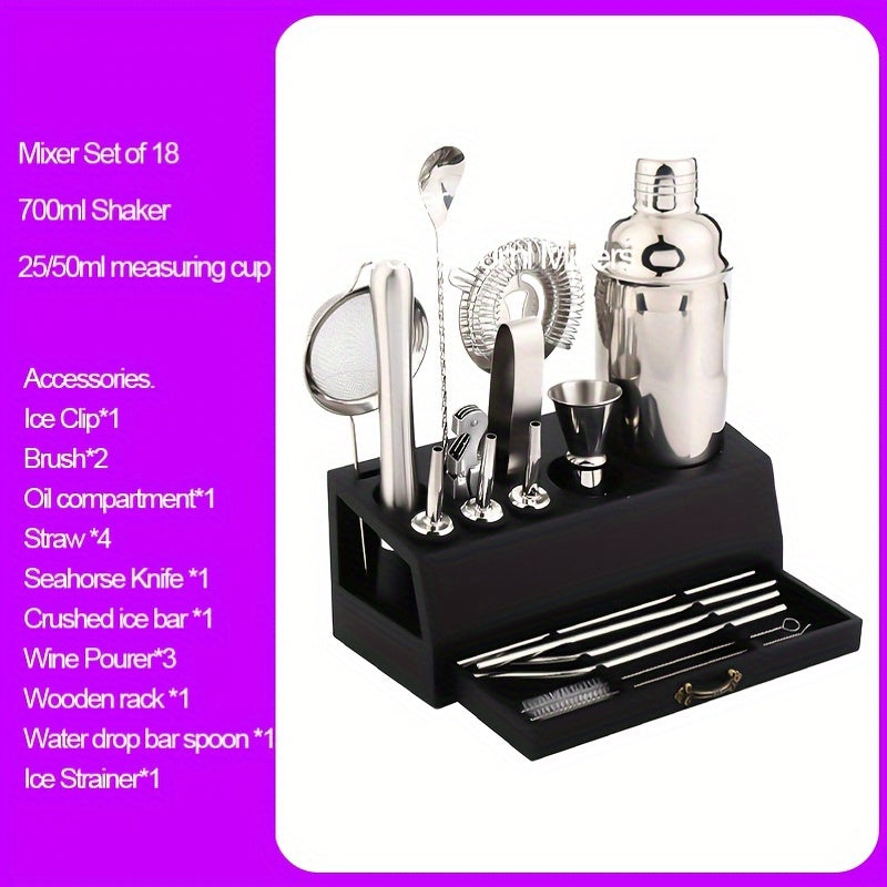 Essential Barware Tools Set - 18-Piece Stainless Steel Cocktail Shaker Set with Jigger, Pourer, Corkscrew, Muddler, Brush, Teardrop Bar Spoon, Garnish Tray, Straws - Complete Bartender Kit for Home, Bar, and Party Drink Mixing