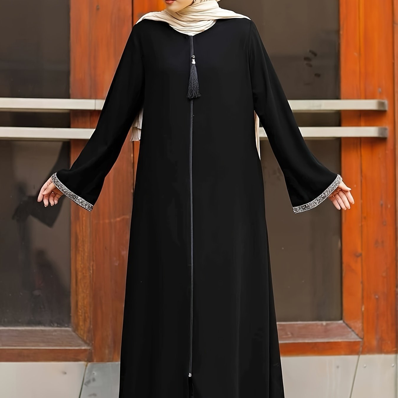 Women's sequined trim long sleeve maxi dress with crew neck, loose fit, and max length - perfect for Muslim attire.