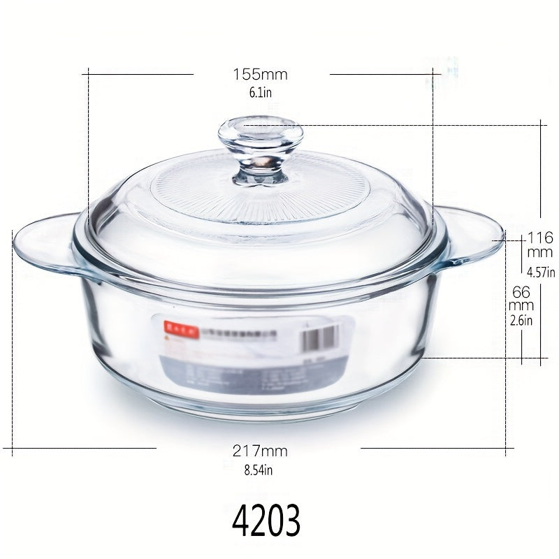 Glass casserole dish with lid designed for oven and microwave use. Dimensions: 28.09cm diameter, 21.11cm depth, with 11.0cm handles. Perfect for baking and cooking.