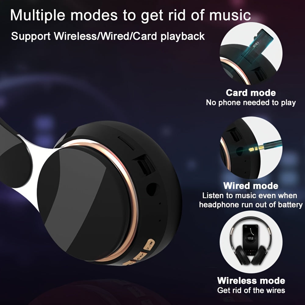 Wireless over-ear headphones with surround bass, foldable design, 400mAh battery. Supports wireless and wired/TF card/radio modes, perfect for sports, gaming, photography, and more.