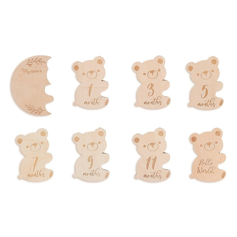 Cartoon Teddy Bear Wooden Milestone Keepsake, Growth Record and Birth Memory Card Set with Monthly Photo Props. Crafted from High-Quality Wood Materials for Baby's First Year. Perfect for Gifting during the Holiday Season.