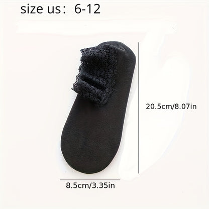 5 pairs of women's lace trim ankle socks with cozy silicone grip, perfect for winter and all-season wear. Made from a blend of polyester and spandex, these elegant slipper socks are machine