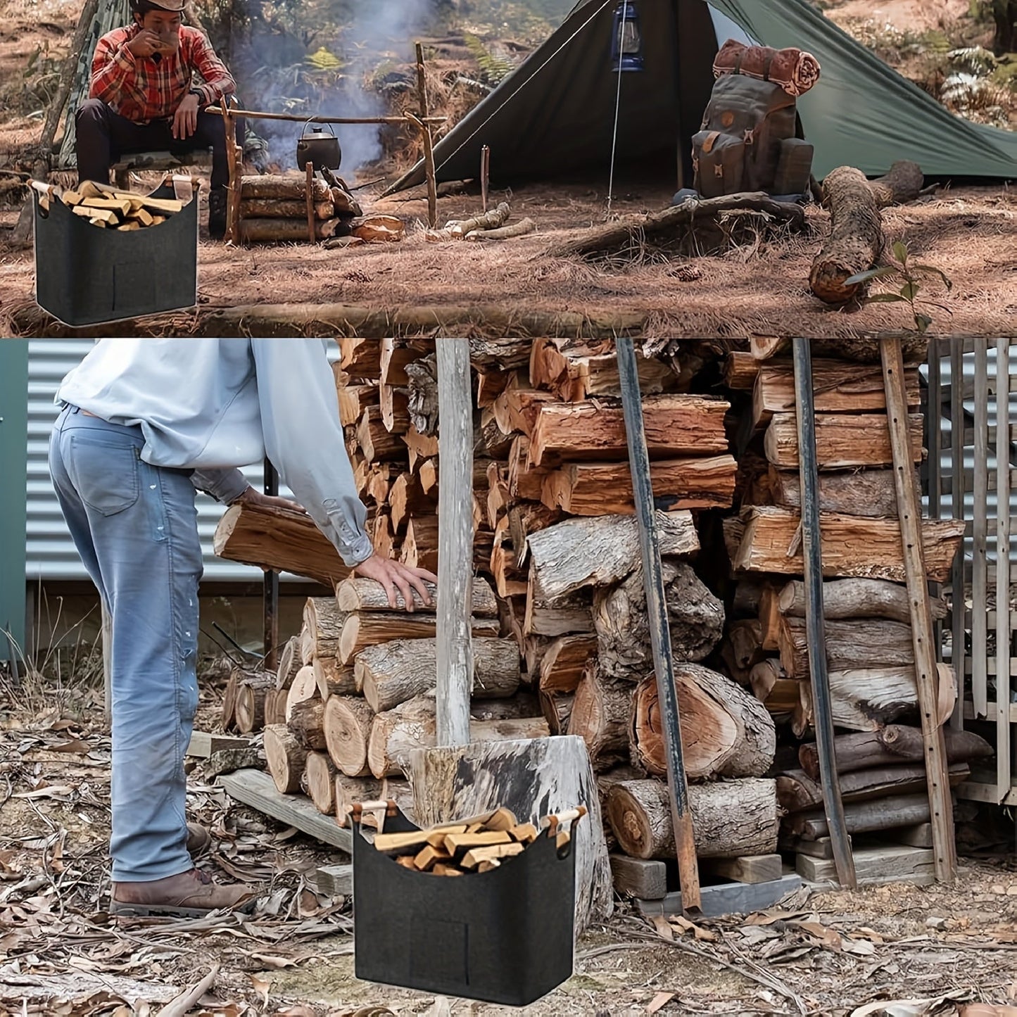 Extra large foldable log basket designed for fireplaces, 55L capacity with thickened felt material for wood storage. Features extended handles for easy indoor wood burner transport, keeps firewood organized. Made with durable dark gray material.