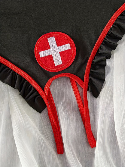 Sexy nurse costume set with Swiss flag emblem, machine washable spandex blend lingerie, featuring a hollow-out design and ruffled accents.