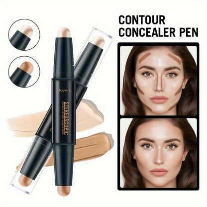 Dual-headed contouring stick for highlighting and shading to create a three-dimensional V-shaped nose shadow and high nose effect.