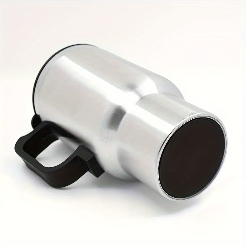 Stainless steel car electric heating cup with handle and lid, 12V/24V compatible for hot beverages on the go.