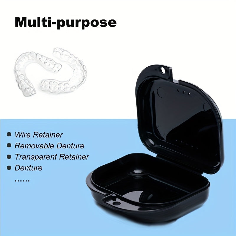 Odor-free 6/8 denture case with ventilation holes, ideal for clear aligners and night guards. Secure locking mechanism, perfect for travel. Available in black, white, yellow, light purple