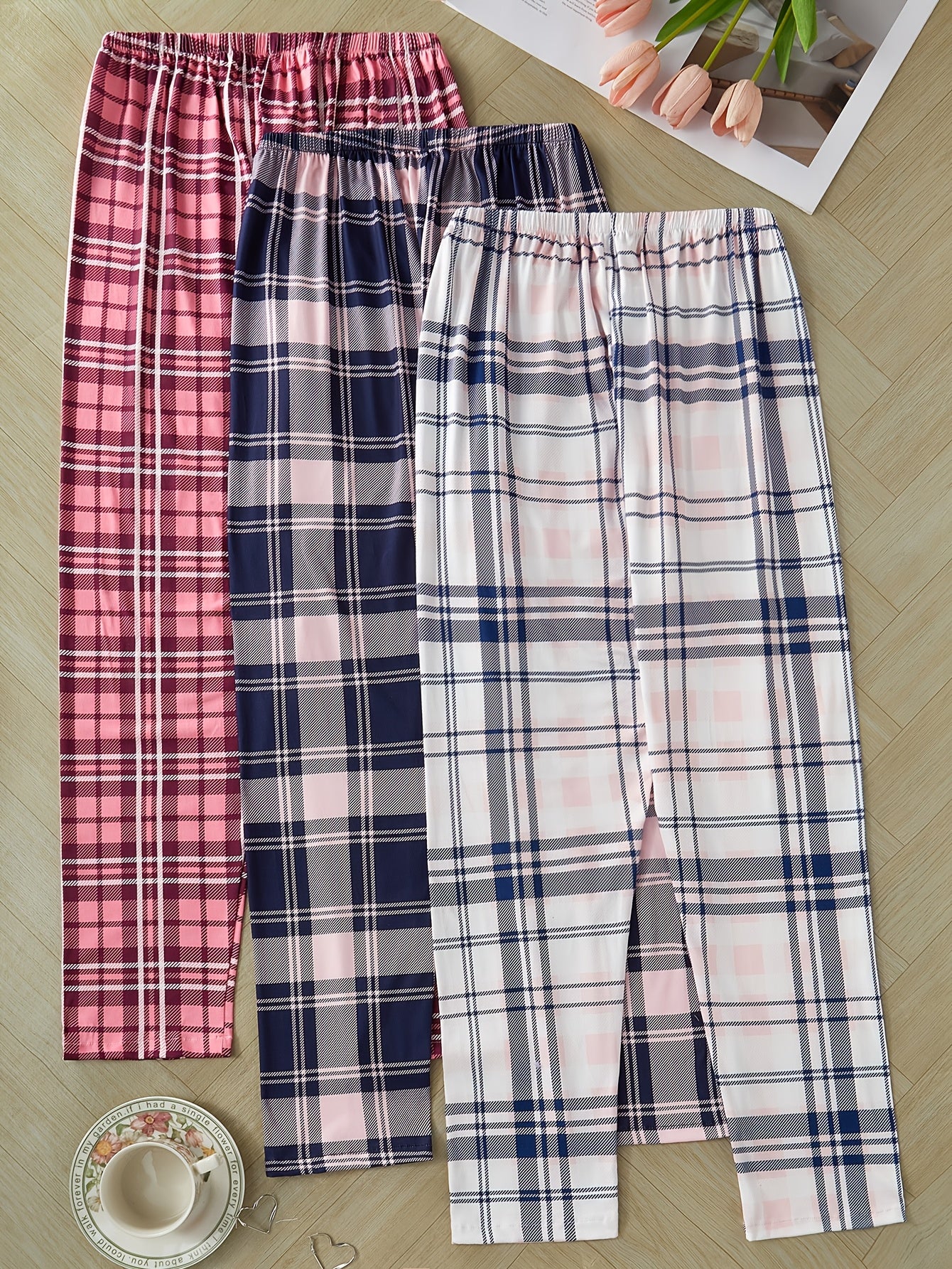 3-Pack Women's Plaid Sleep Pants in Polyester Knit with Bow Detail for All-Season Comfort