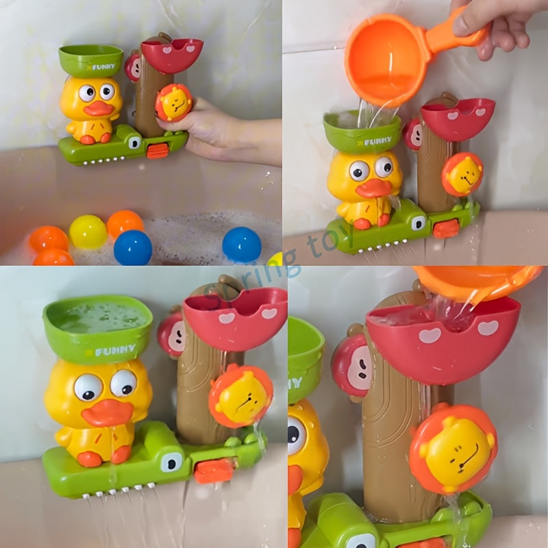 Colorful Cartoon Duck & Friends Water Play Set - Interactive Bath Toy with Suction Cup, Spraying & Rotating Feature in Orange/Green/Yellow - Durable ABS Resin for Bathtub Fun