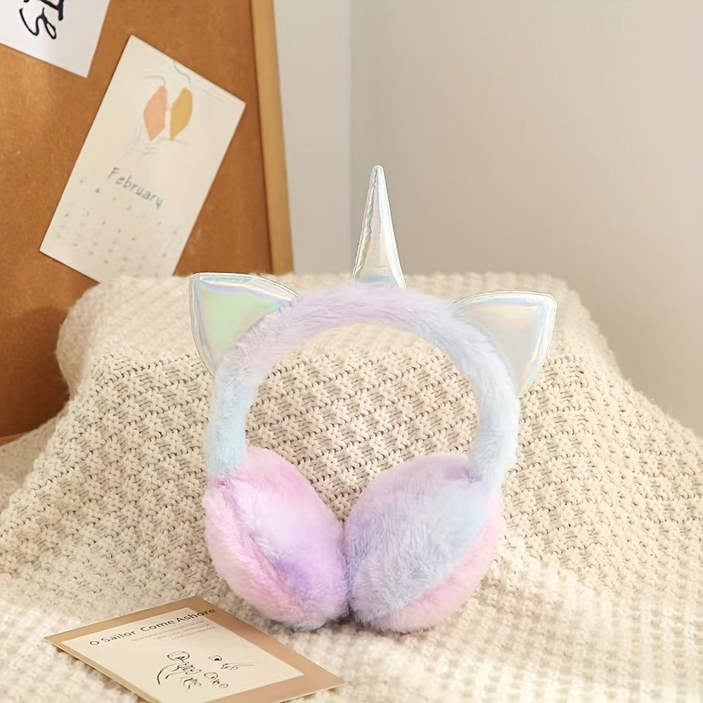 Rainbow-colored cartoon plush earmuffs perfect for keeping your ears warm in the winter season. Made from polyester knit fabric, these adorable earmuffs are designed for cold weather protection. Hand wash only.