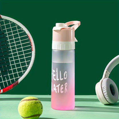 Large capacity gradient sports water bottle with spray function, made of durable PP, essential for summer cooling. Available in blue, green, or pink with "HELLO WATER" motif.