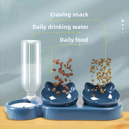 Automatic pet feeder with tilted design and gravity water bottle for neck protection - ideal for dogs and cats.