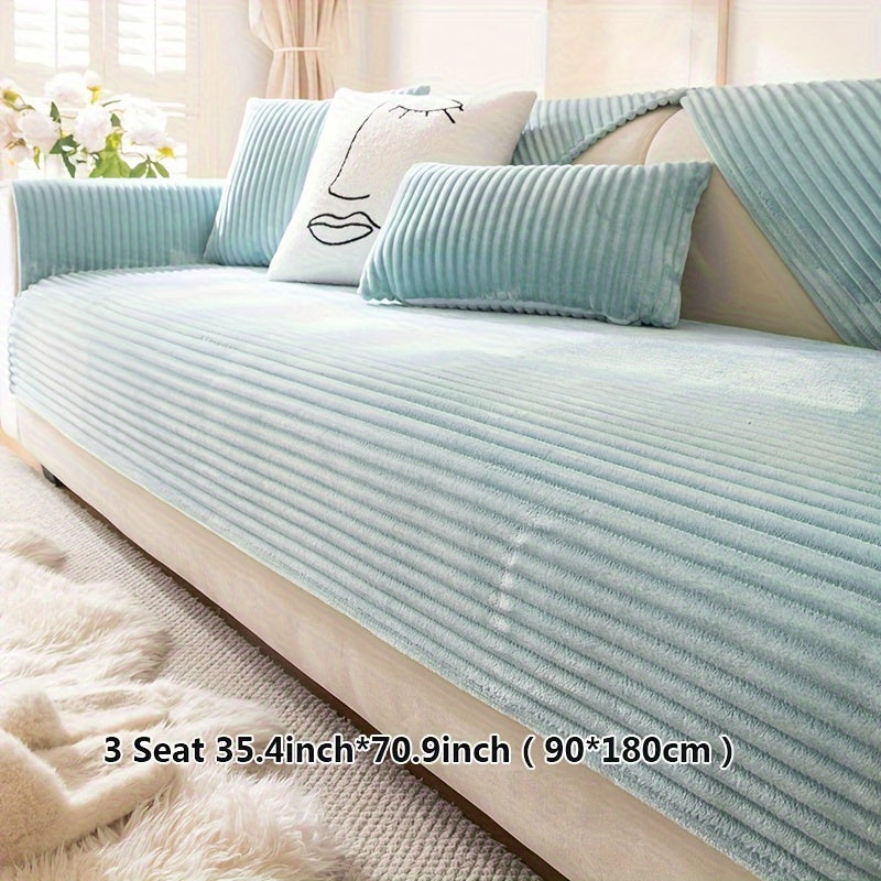 Thick plush sofa cover with stripes for winter, non-slip and anti-dirty. Modern style for home protection and decoration.