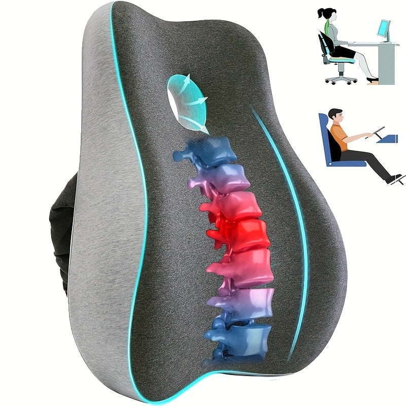 Grey 1pc Ergonomic Lumbar Support Pillow Cover with 3D Memory Foam Backrest Cushion and Adjustable Strap. Made with Hand Washable Knit Fabric and Zipper Closure. Multipurpose use for Office Chair, Car Seat, Recliner, Desk Chair, and Couch. Also available