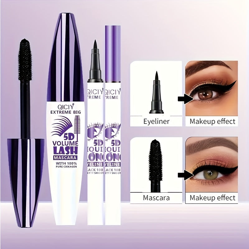 Waterproof 5D Volumizing Mascara & Eyeliner Set with Silicone Brush - Long-lasting makeup for all skin types, quick dry.