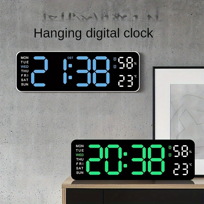 Digital wall clock with temperature and humidity display, week display, adjustable brightness, table alarm clock, and 12/24 hour format.