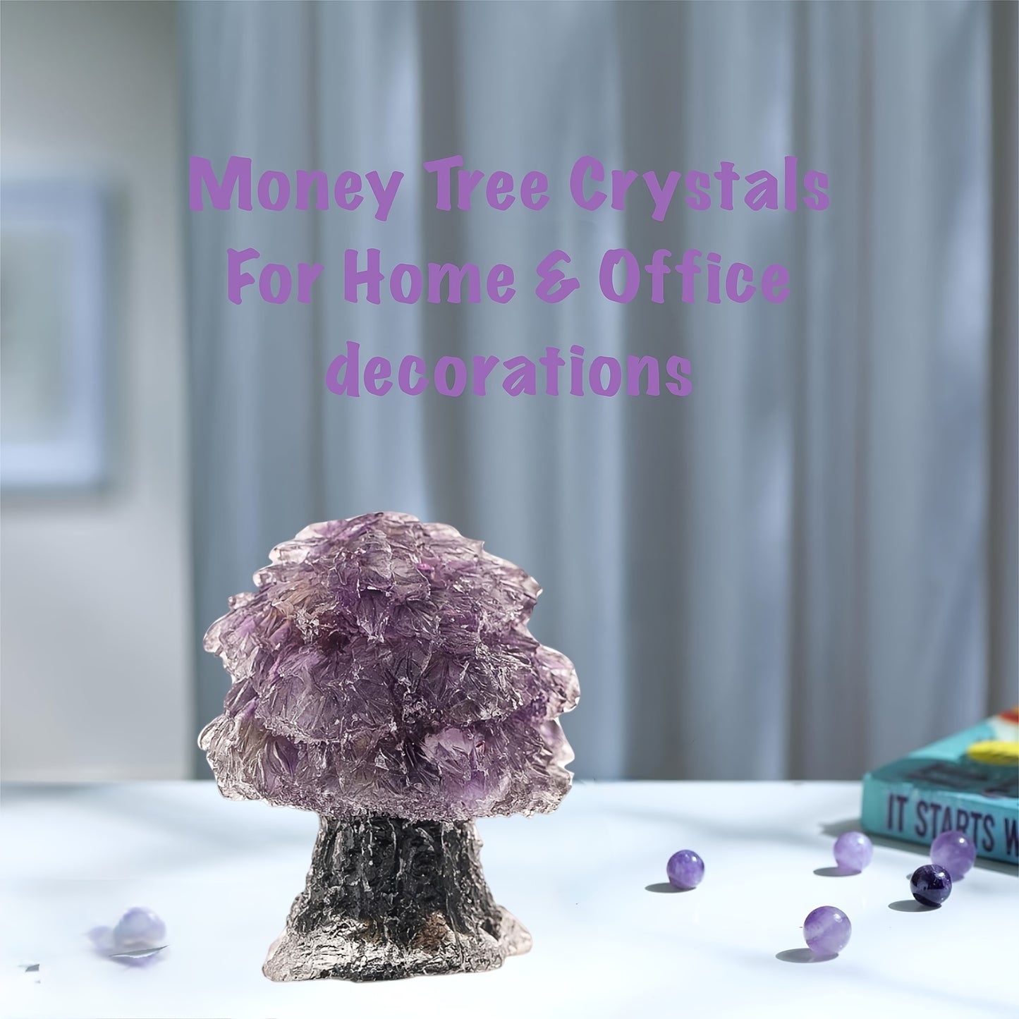 Amethyst Crystal Money Tree with Fluorite Base for Wealth and Luck in Home or Office Decor.