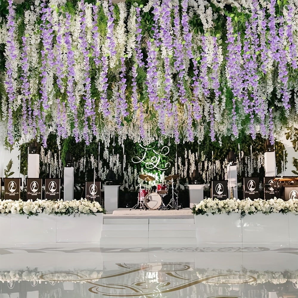 10 artificial wisteria garlands for indoor/outdoor decor, made of plastic, perfect for weddings and engagements, no electricity or batteries required.