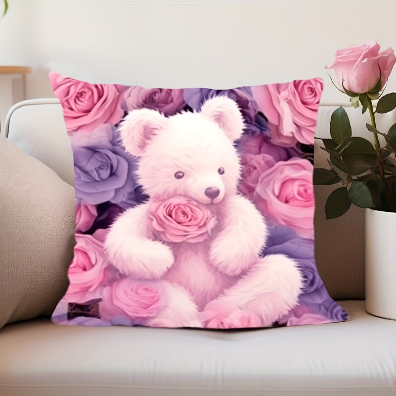 Pillow covers featuring a delightful French floral bear design, made from double-sided woven polyester with a zipper closure. These machine washable cushion cases make charming decorative accents for any room, including bedrooms, sofas, and collectible