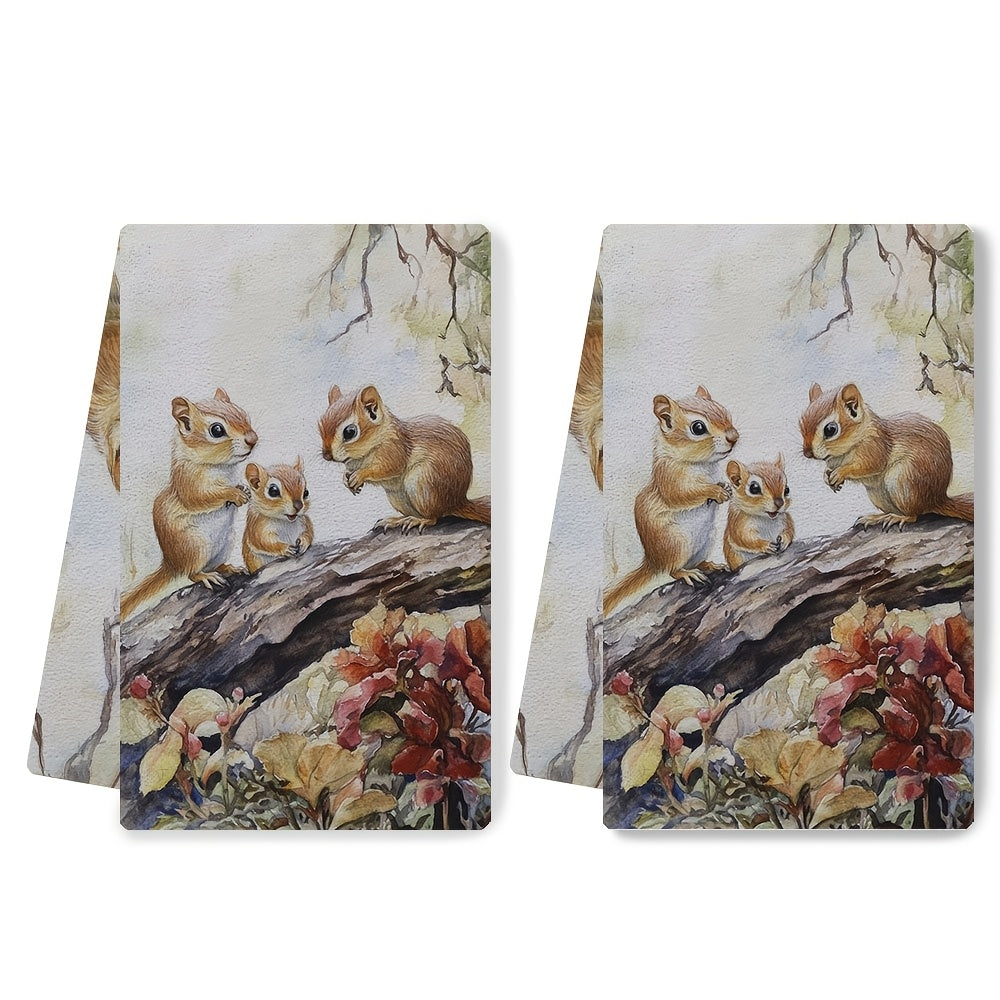 Two pieces of Coastal Style Chipmunk kitchen towels made from super absorbent polyester knit fabric. These towels are machine washable and have a contemporary oblong shape, perfect for holiday decor. Each towel measures 40.64x60.96 cm.