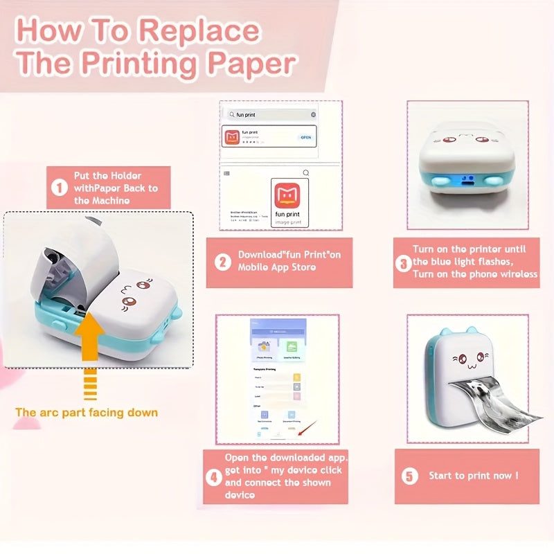 Tree Science Mini Printer: Cute cartoon design, wireless thermal printing, inkless & USB rechargeable, 1200mAh battery. Compatible with Android & iOS smartphones. Ideal for home office