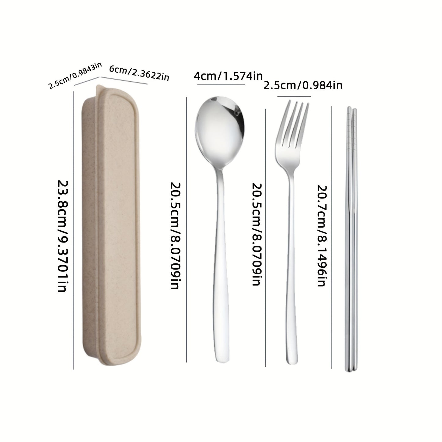 Set of 4 stainless steel portable cutlery with reusable box, including fork, spoon, and chopsticks. Perfect for steak, outdoor gatherings, camping, and as a Chinese-style gift set.