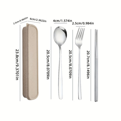 Set of 4 stainless steel portable cutlery with reusable box, including fork, spoon, and chopsticks. Perfect for steak, outdoor gatherings, camping, and as a Chinese-style gift set.