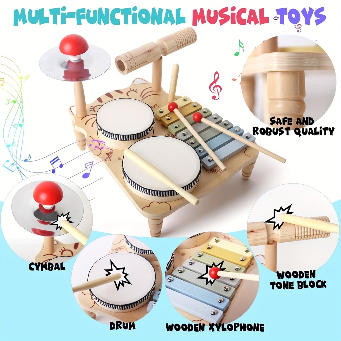 YIDIEMO Kids Drum Set with Tambourines - 10-in-1 Musical Instruments for Toddlers, Percussion Wooden Baby Toys, Developmental Early Teaching Aids, Preschool Drum Kit Xylophone for Kids - Perfect for Birthdays, Halloween, and Christmas!