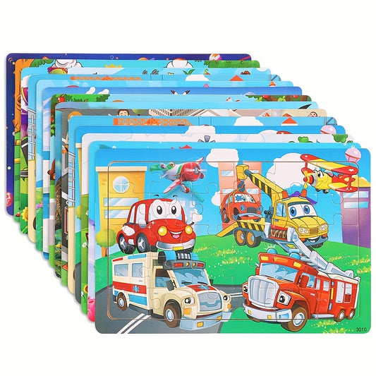 30-piece wooden puzzles featuring animals, dinosaurs, and cartoons for children to enhance their hands-on skills and kindergarten education.