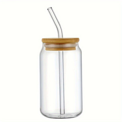 Glass cup designed for iced coffee, beer, and tea. Comes with lid, straw, and straw brush. Made of high borosilicate glass in various sizes. Also suitable for juice, cola, and milk. Includes wooden lid for school supplies.