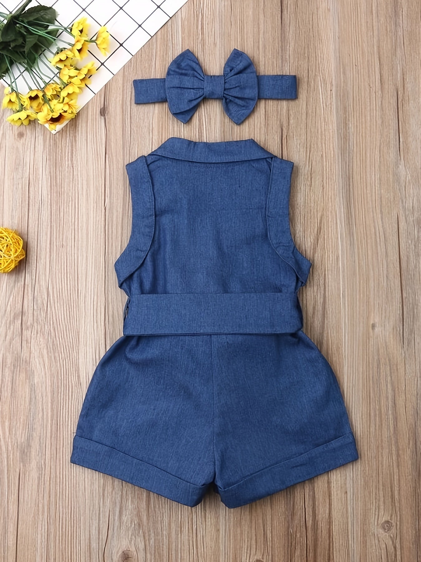 Sleeveless denim romper set with bow headband for kids, perfect for summer.