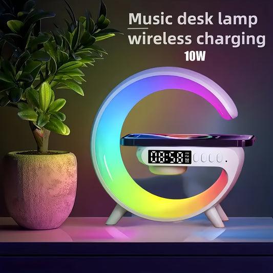 Wireless BT speakers with fast charging, rhythm RGB light, smart bar light, sunrise alarm clock, dimmable table lamp for bedrooms.