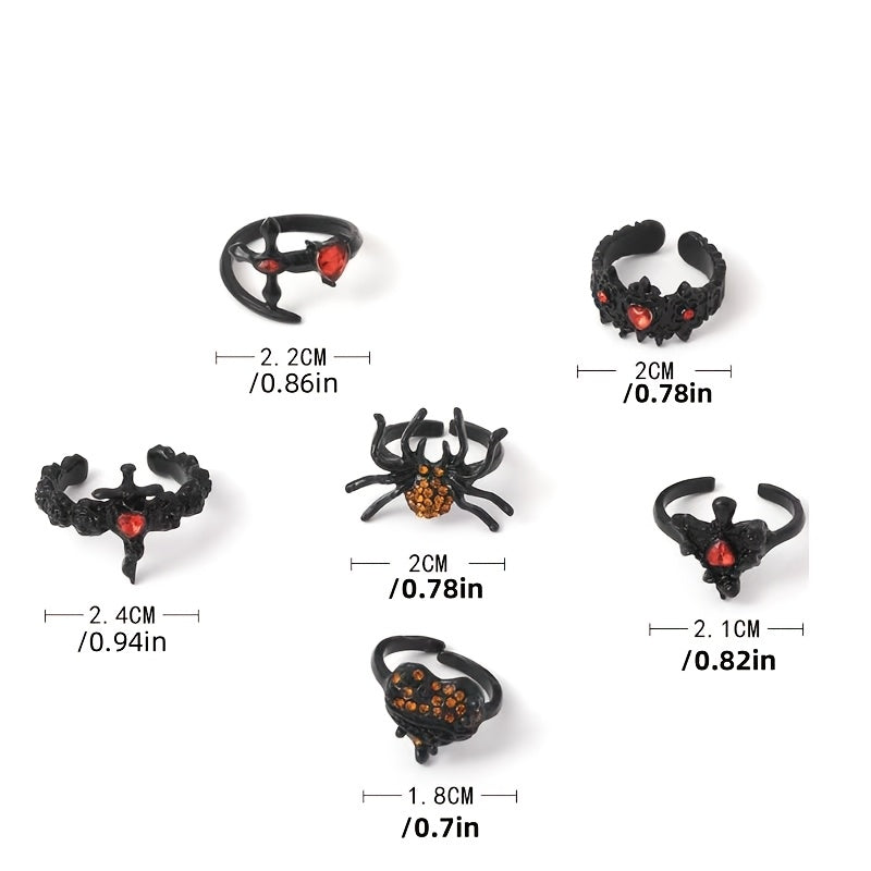 Set of 6 Gothic Black Rose Cross Adjustable Rings, Featuring Spider Cross Design with Sparkling Rhinestones, Stylish Alloy Rings for Women - Ideal for Everyday or Special Occasions