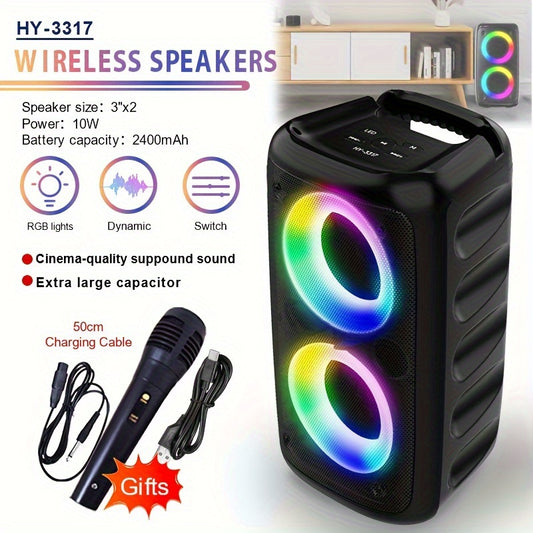 The HY-3317 Wireless Speaker includes a subwoofer, microphone, colorful lights, cinema-quality surround sound, high-capacity battery, bass enhancement, USB port, high-resolution audio