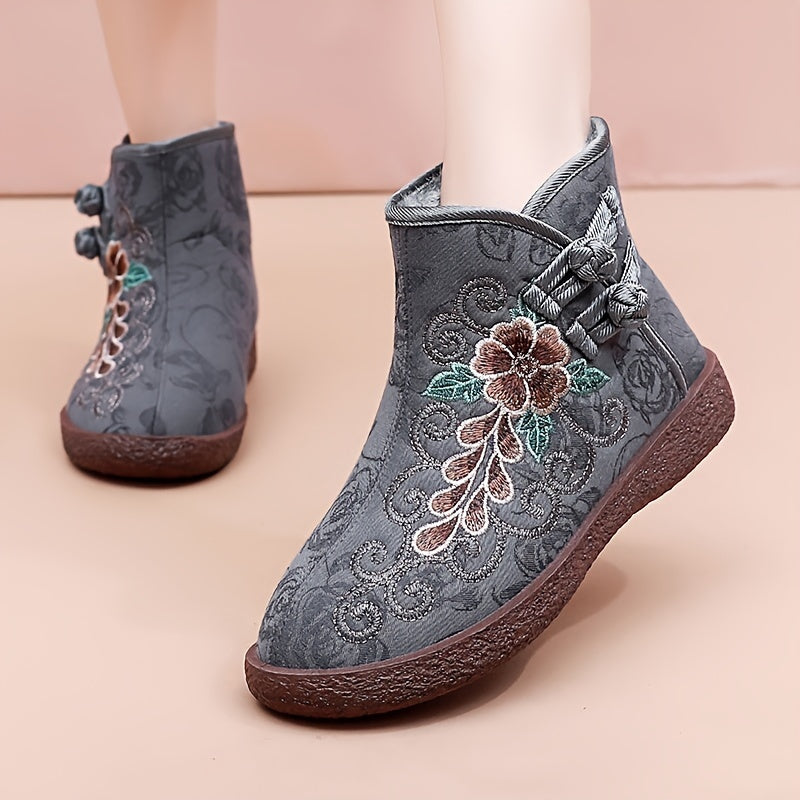 Women's Winter Warm Fleece-Lined Ankle Boots with Chinese Style, Round Toe, Buckle Closure, Floral Pattern, Fabric Upper, Faux Sole/Insole.